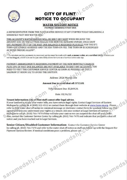 USA City of Flint Michigan Notice to occupant water utility bill shutoff notice, Word and PDF template